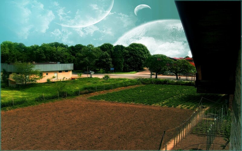 Futuristic landscape with multiple moons