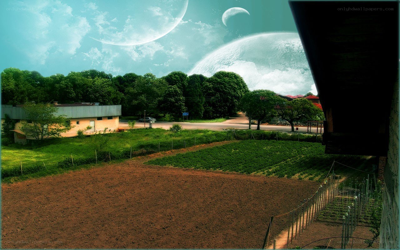 Futuristic landscape with multiple moons
