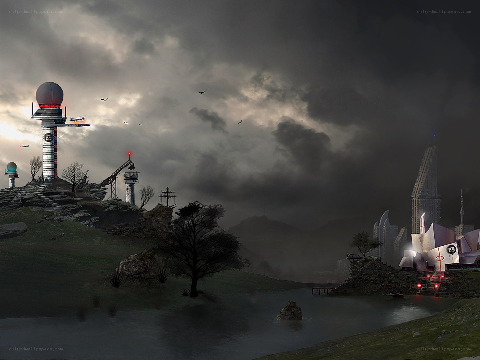 futuristic landscape with radar towers
