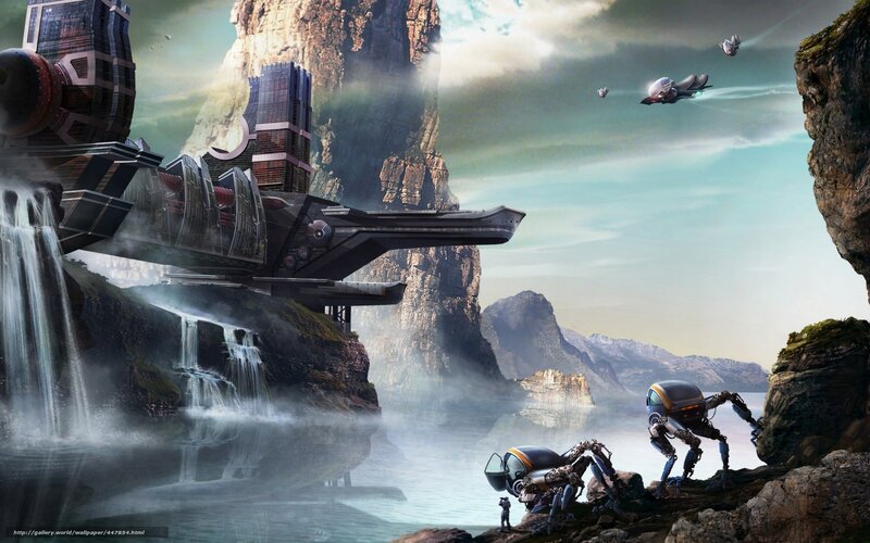 Futuristic landscape with robots