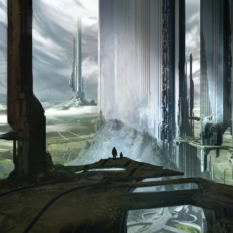 futuristic landscape with silhouettes