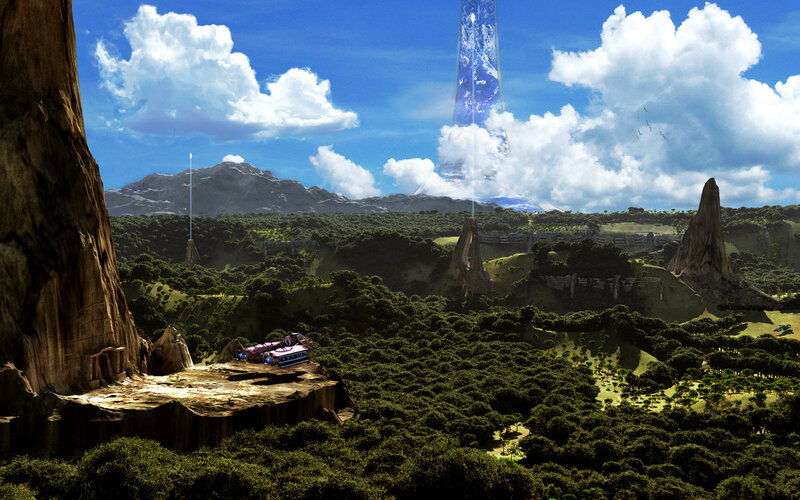 Futuristic Landscape with Vehicles — Green