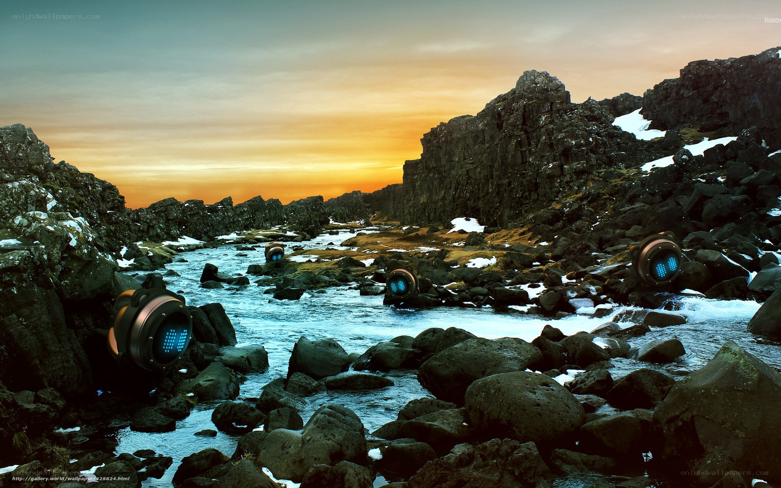 Futuristic lights in a rocky stream