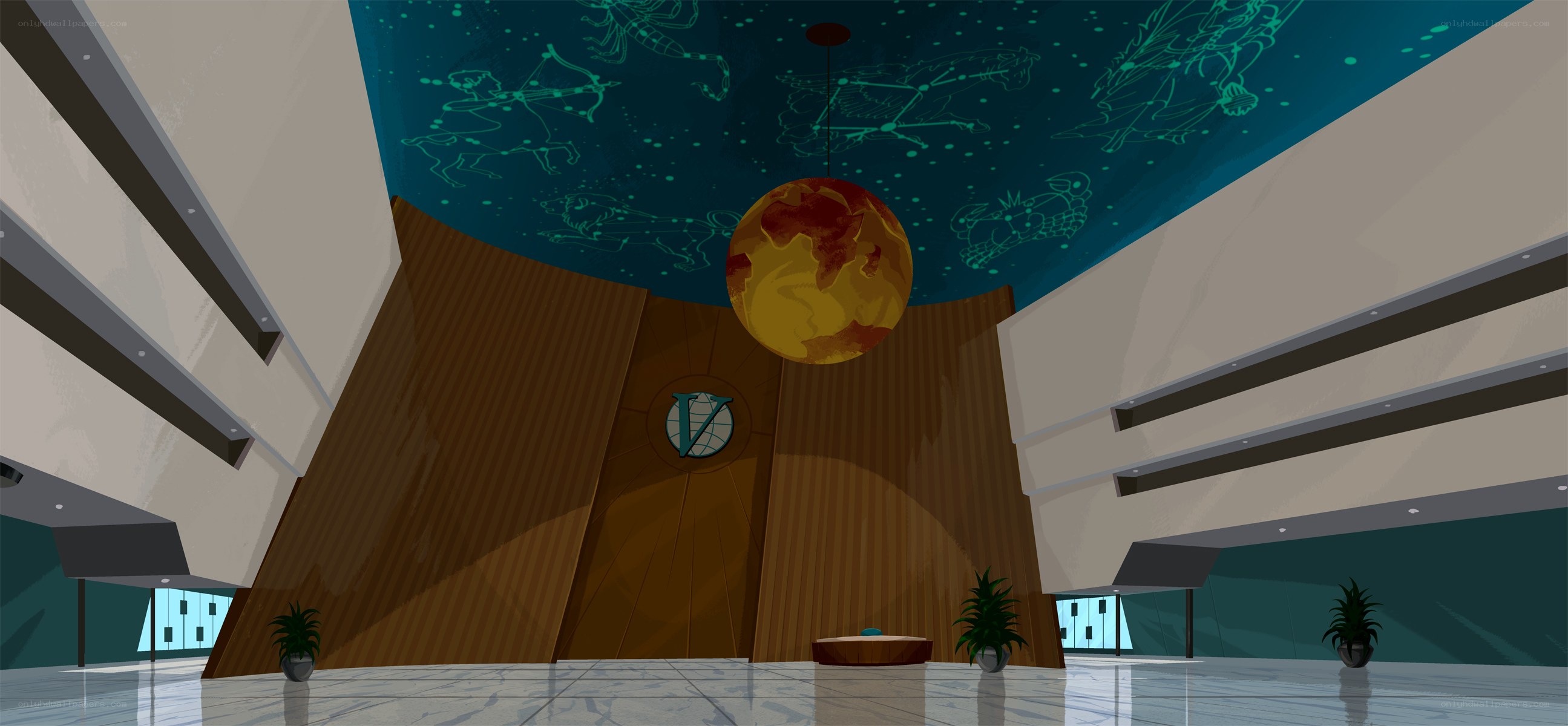 futuristic lobby with celestial ceiling
