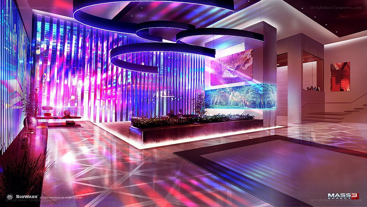 futuristic lobby with neon lights