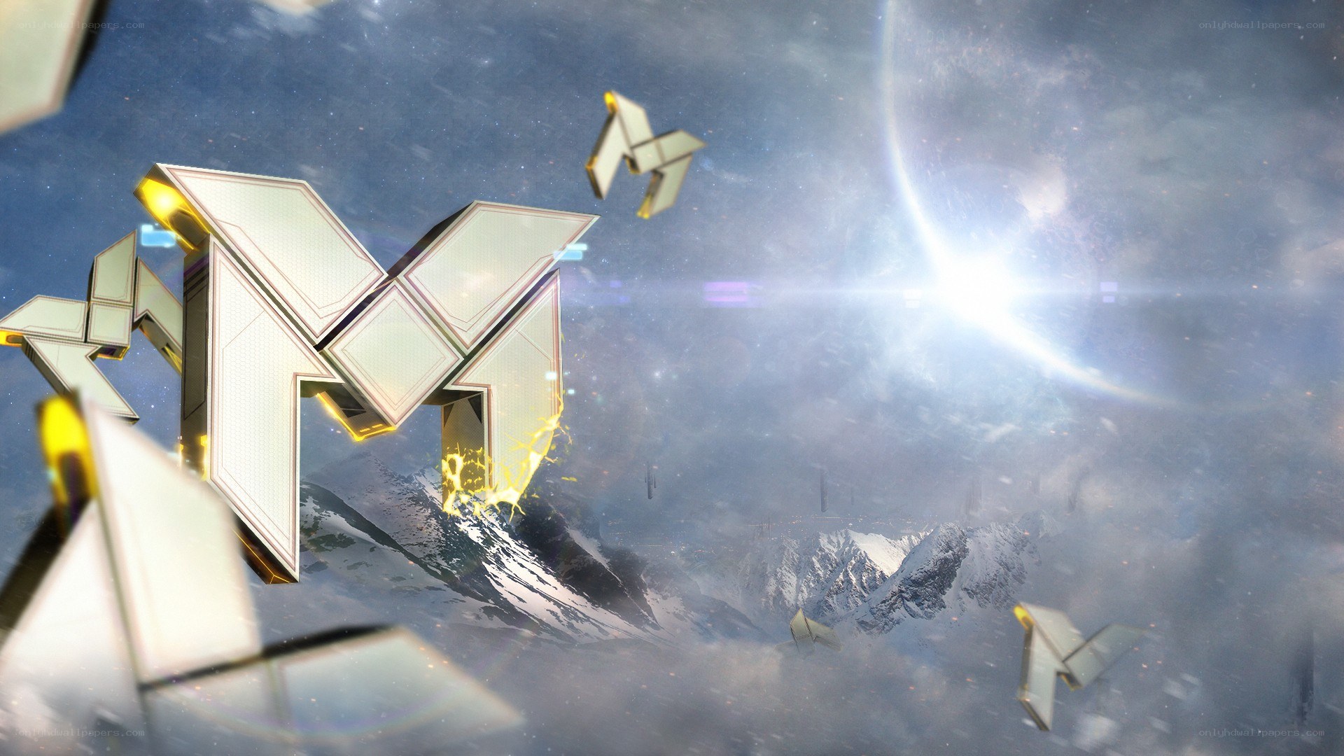 futuristic logo over snowy mountains