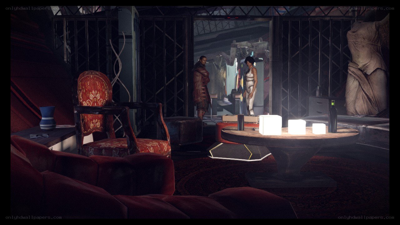futuristic lounge with characters