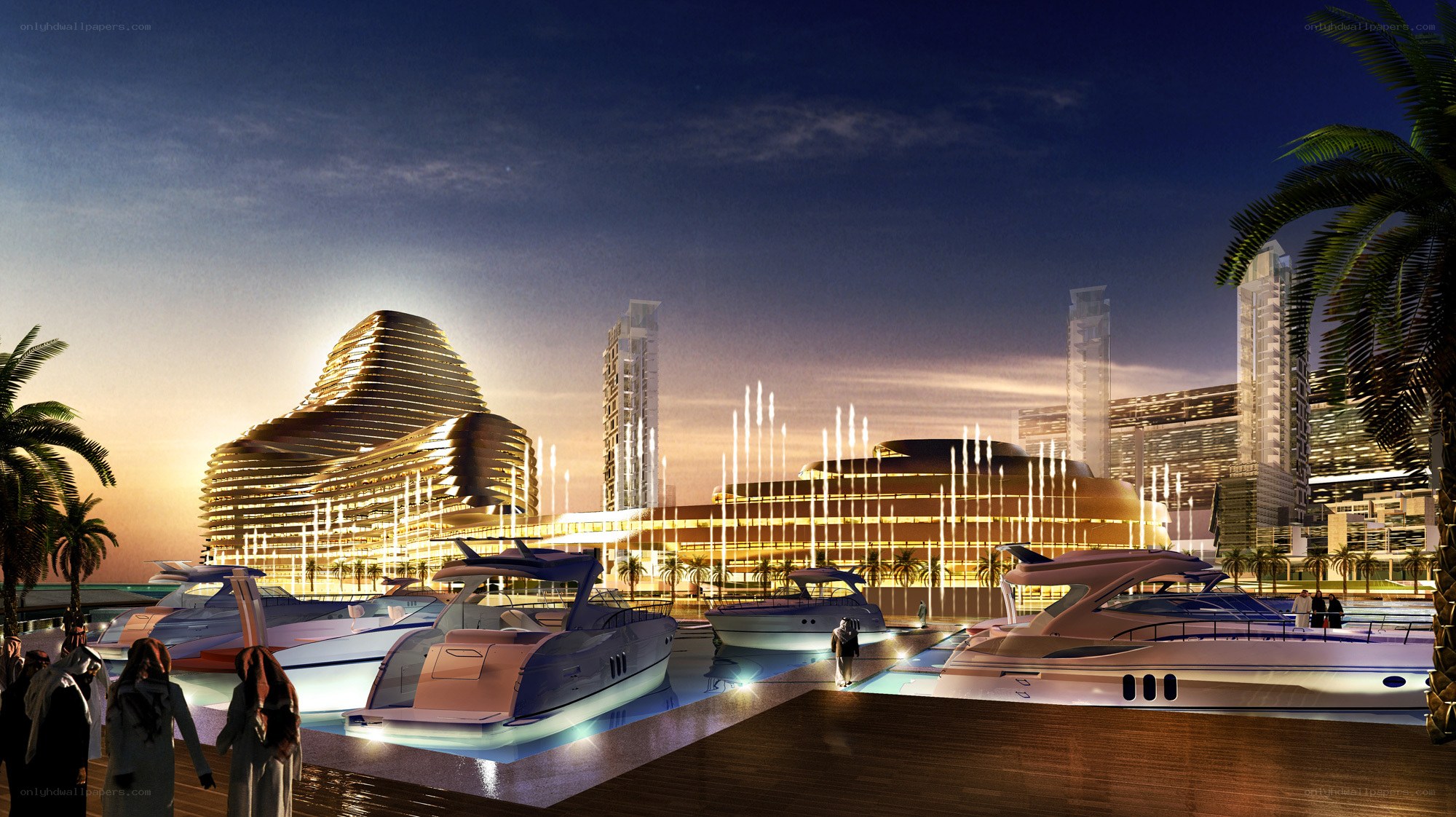 futuristic marina at dusk