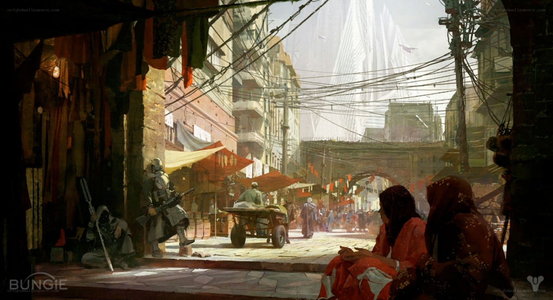 futuristic market street scene
