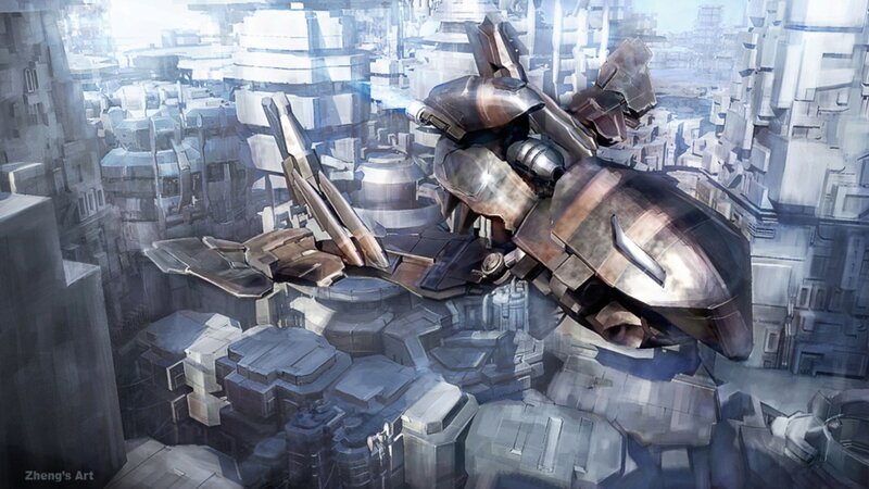 futuristic mech in city