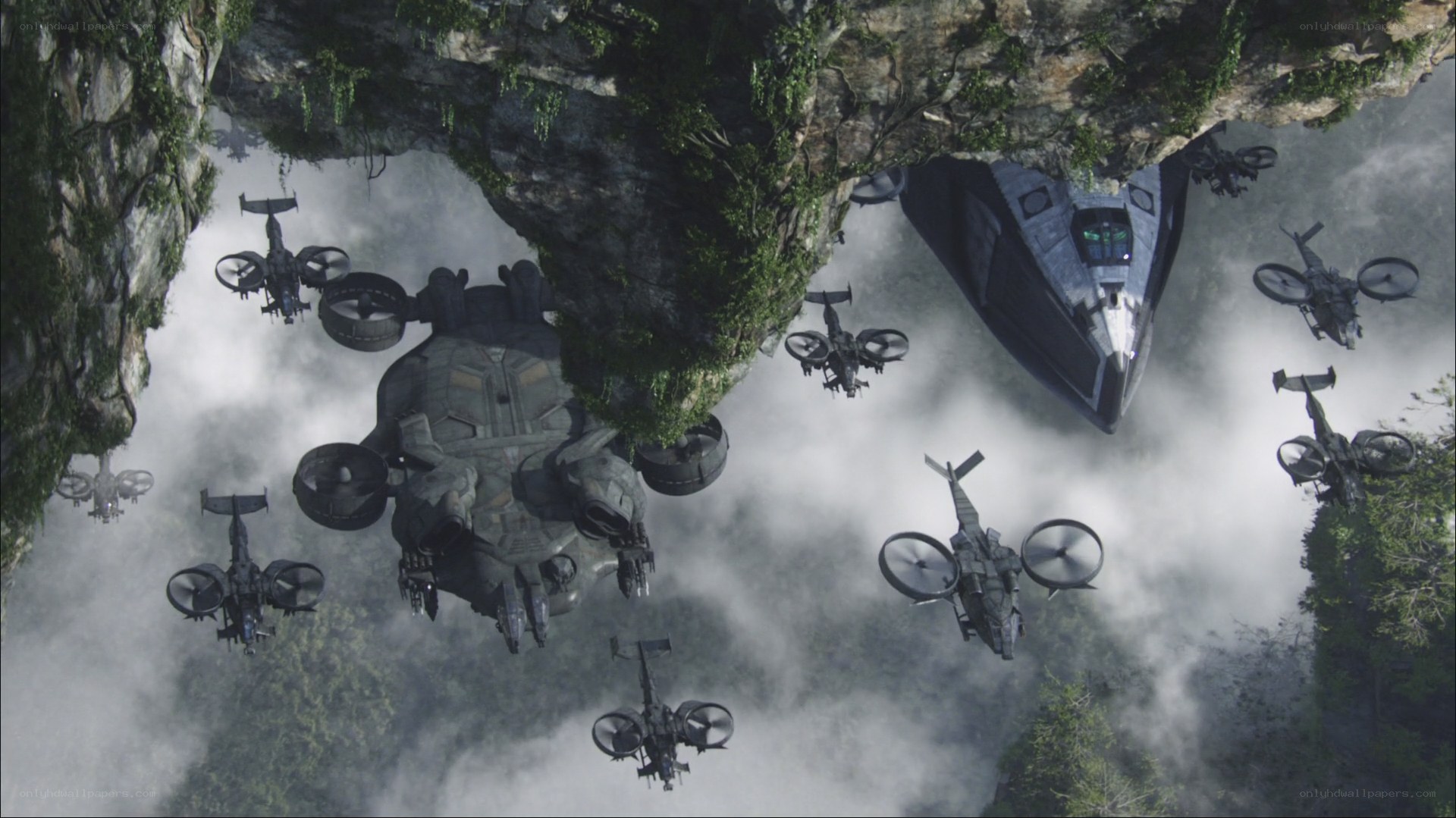 Futuristic military fleet in flight