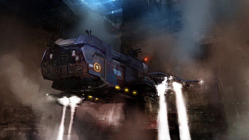 futuristic military transport in smoke