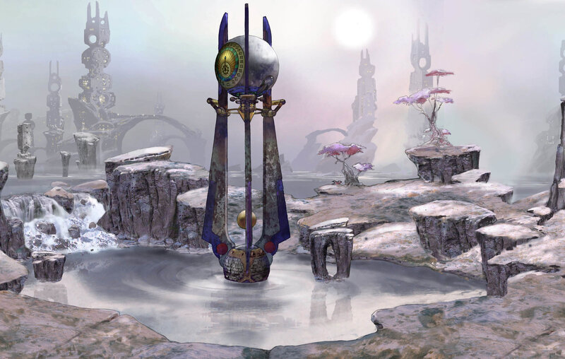 futuristic monument in misty landscape
