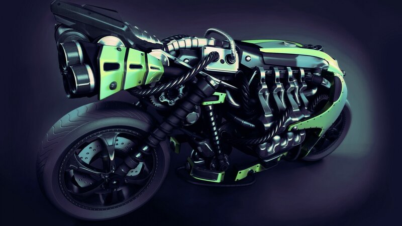 Futuristic Motorcycle — Black, Dark, 3d Render, Engine, Exhaust