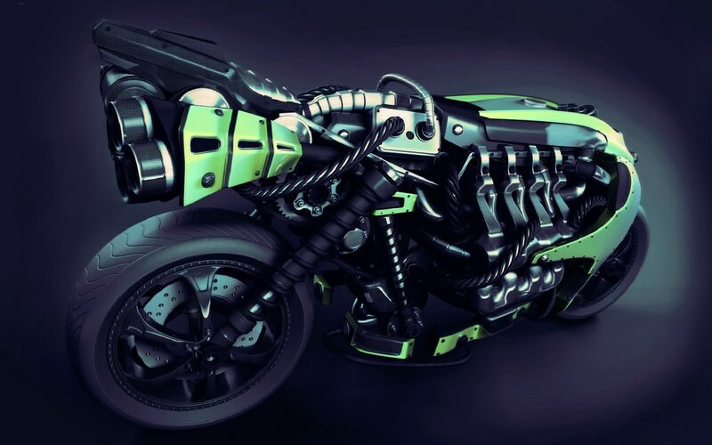 Futuristic Motorcycle — Black, Dark, 3d Render, Engine