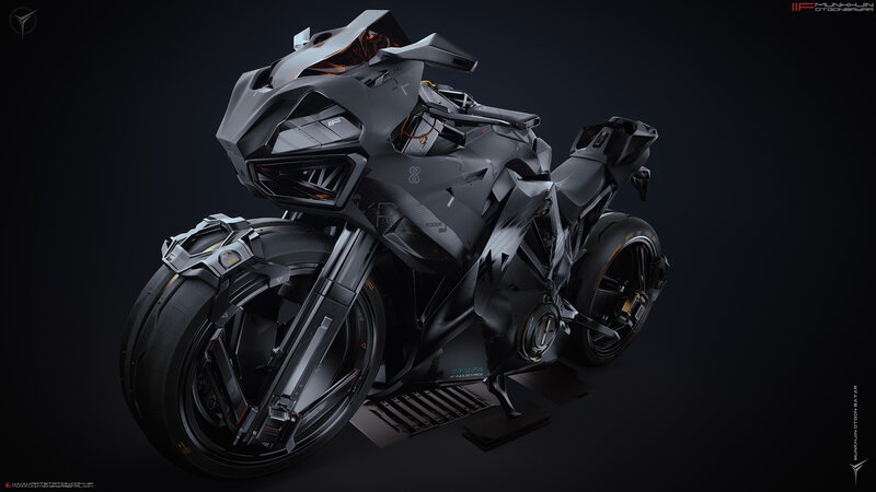 Futuristic Motorcycle — Black, Dark, 3d Render, Headlight