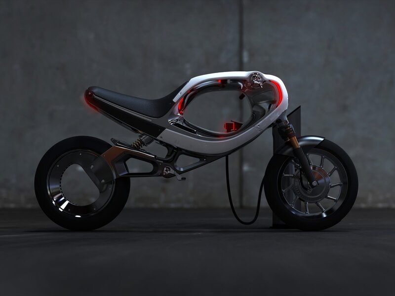 Futuristic Motorcycle — Black, Dramatic, 3d Render, Charging Station