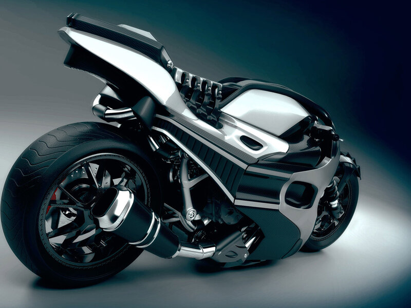 Futuristic Motorcycle — Black, Dramatic, 3d Render, Wheel, Exhaust, Seat