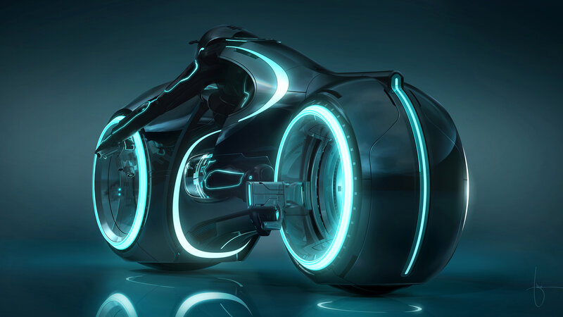 Futuristic Motorcycle — Black, Dramatic, Digital Art, Glowing Lines, Wheels, Dark Background