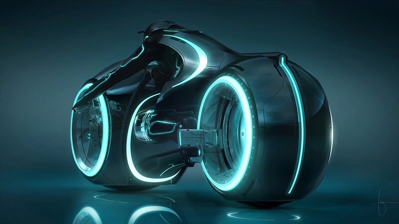 Futuristic Motorcycle — Black, Dramatic, Digital Art, Glowing Lines, Wheels, Reflection