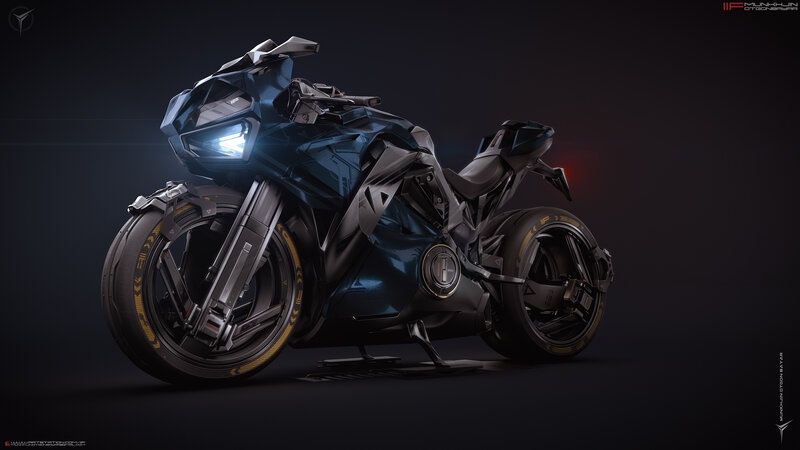 Futuristic Motorcycle — Black, Dramatic, Night, 3d Render, Headlight