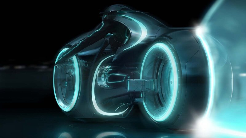 Futuristic Motorcycle — Blue, Dramatic, Night, Digital Art, Glowing Wheels, Dark Background