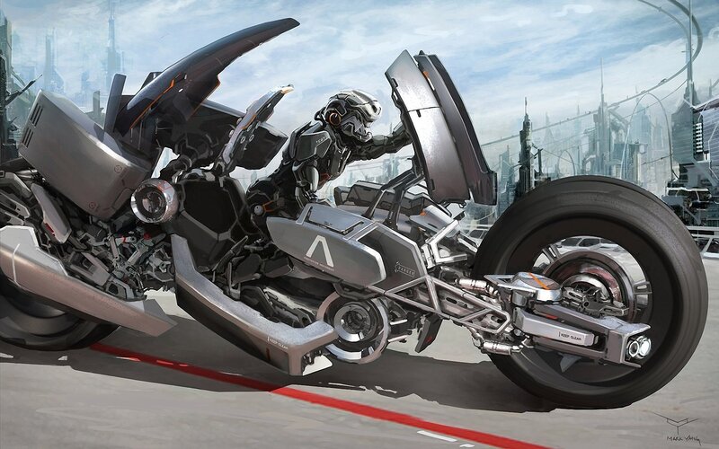 Futuristic Motorcycle — Gray, Dramatic, Afternoon, Digital Art