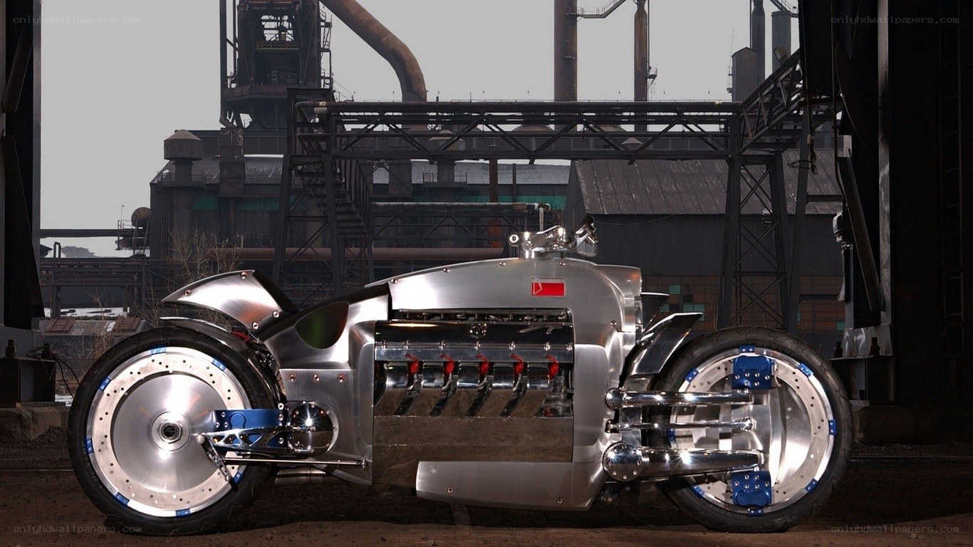 futuristic motorcycle in industrial setting