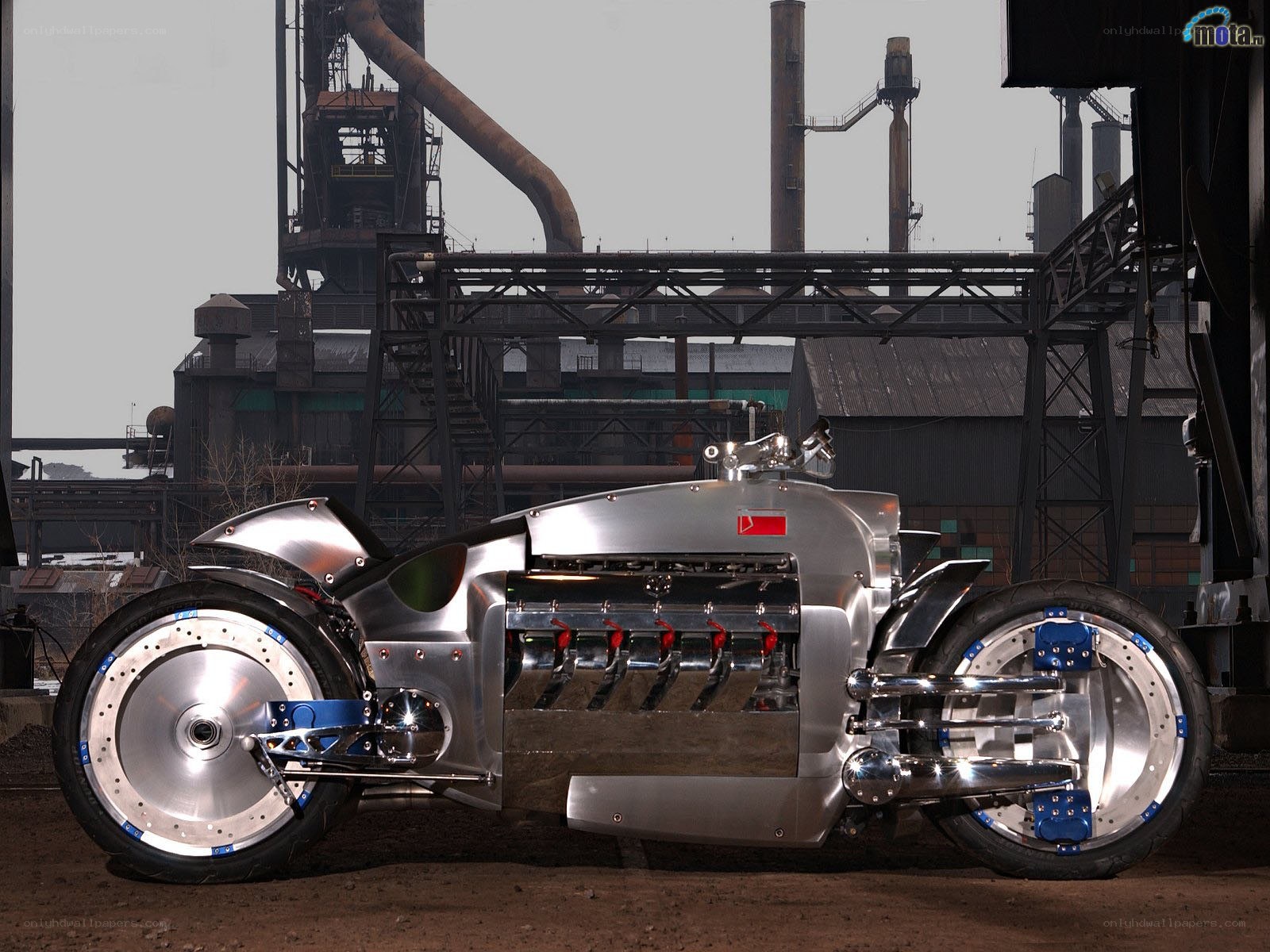 futuristic motorcycle in industrial setting