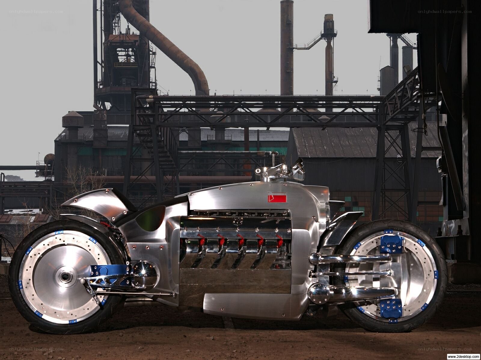 futuristic motorcycle in industrial setting
