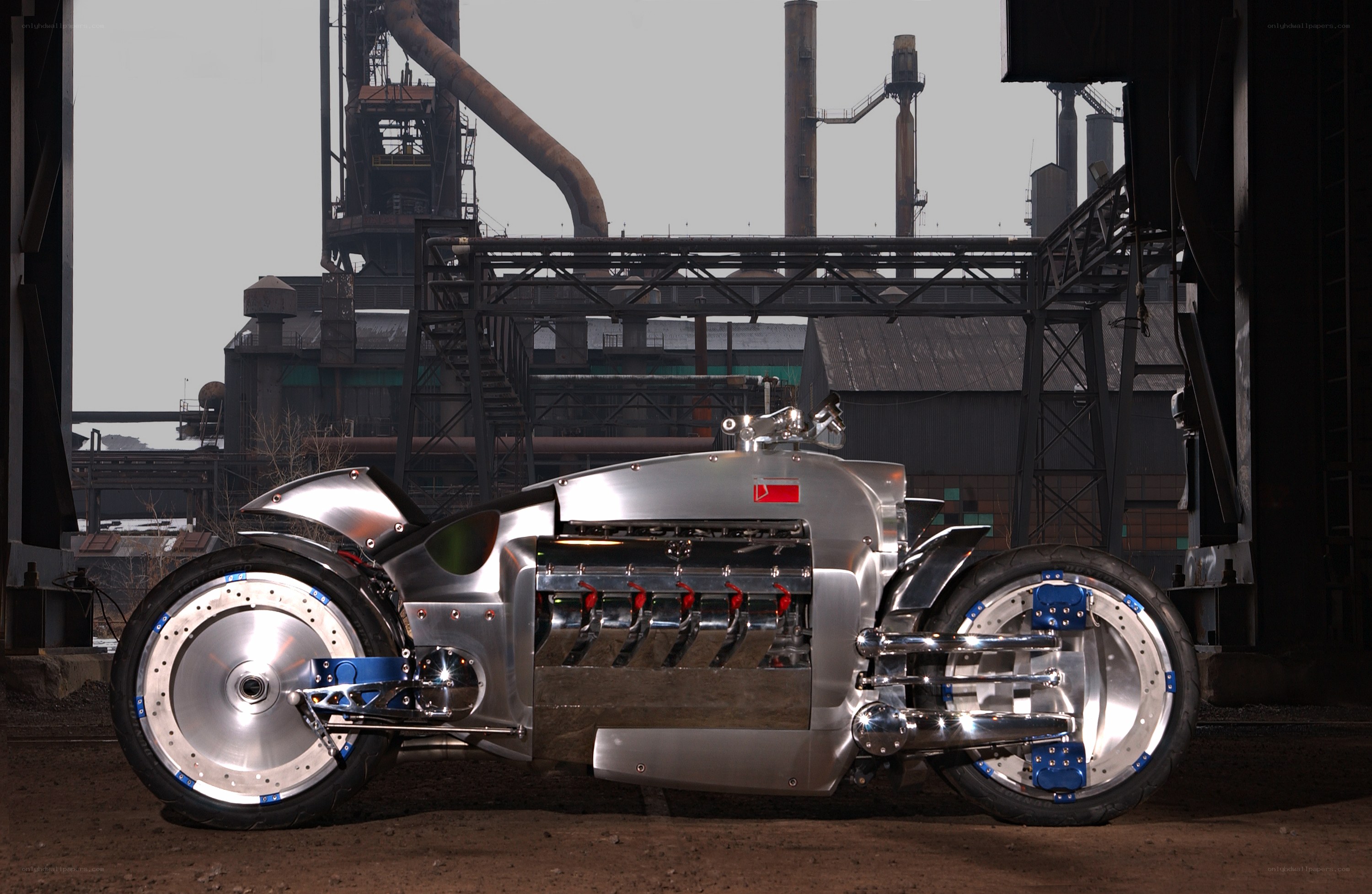 futuristic motorcycle in industrial setting