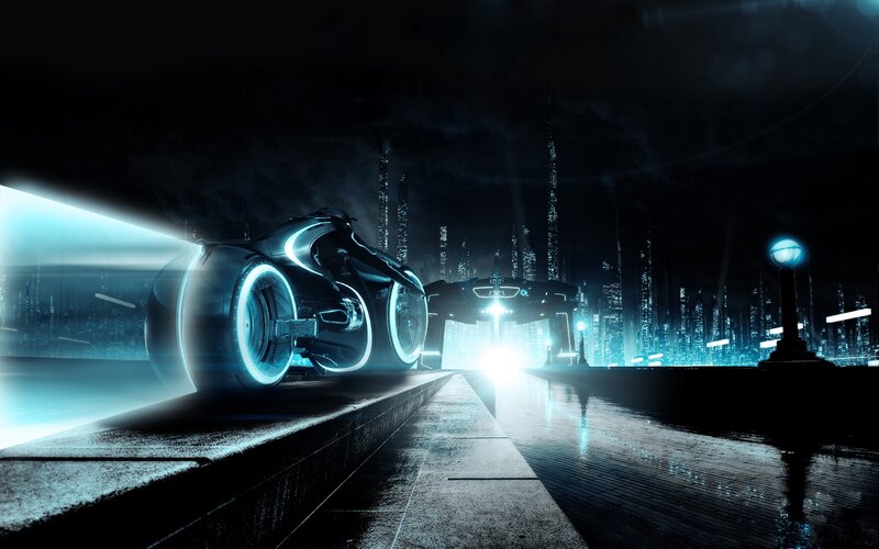 futuristic motorcycle in neon city