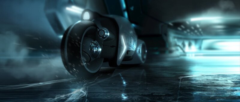futuristic motorcycle in neon tunnel