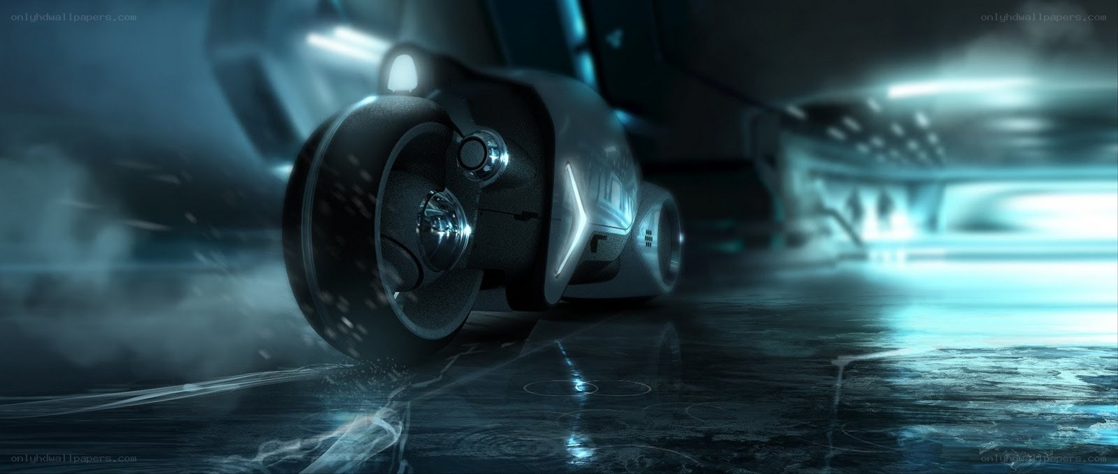 futuristic motorcycle in neon tunnel