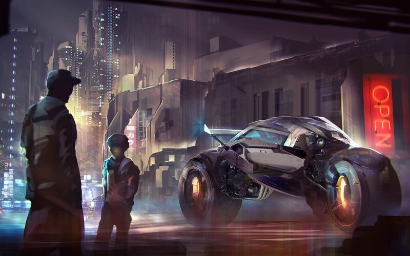 Futuristic Motorcycle on Street — Purple, Dramatic