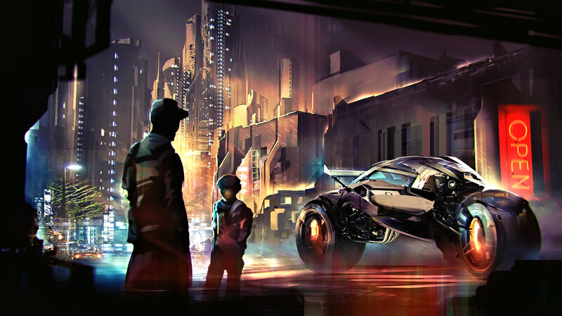 Futuristic Motorcycle on Street — Purple