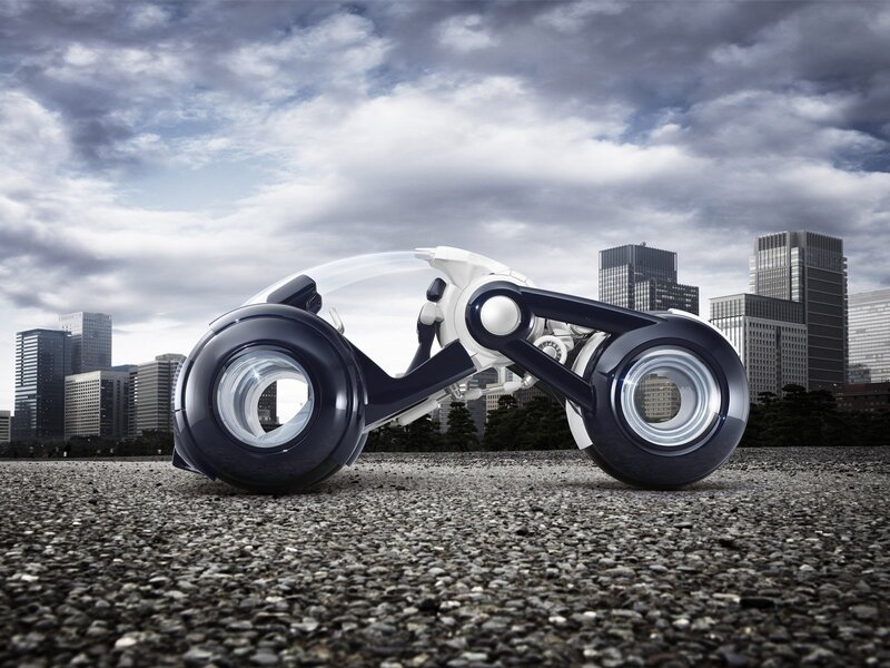 Futuristic Motorcycle — White, Dramatic, 3d Render, City Skyline, Cloudy Sky, Gravel Ground