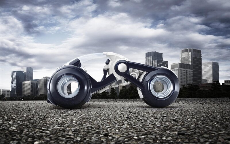 Futuristic Motorcycle — White, Dramatic, 3d Render, City Skyline, Cloudy Sky
