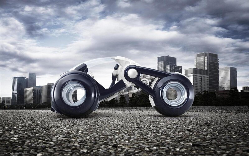 Futuristic Motorcycle — White, Dramatic, 3d Render, City Skyline