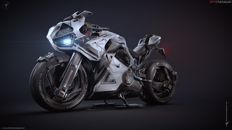 Futuristic Motorcycle — White, Dramatic, 3d Render, Headlight