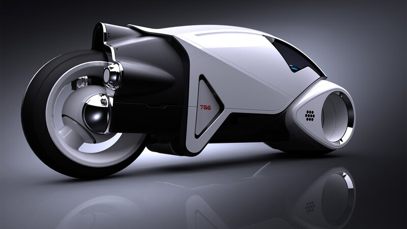 Futuristic Motorcycle — White, Dramatic, 3d Render, Wheel