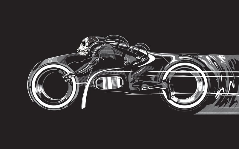 futuristic motorcycle with skull rider