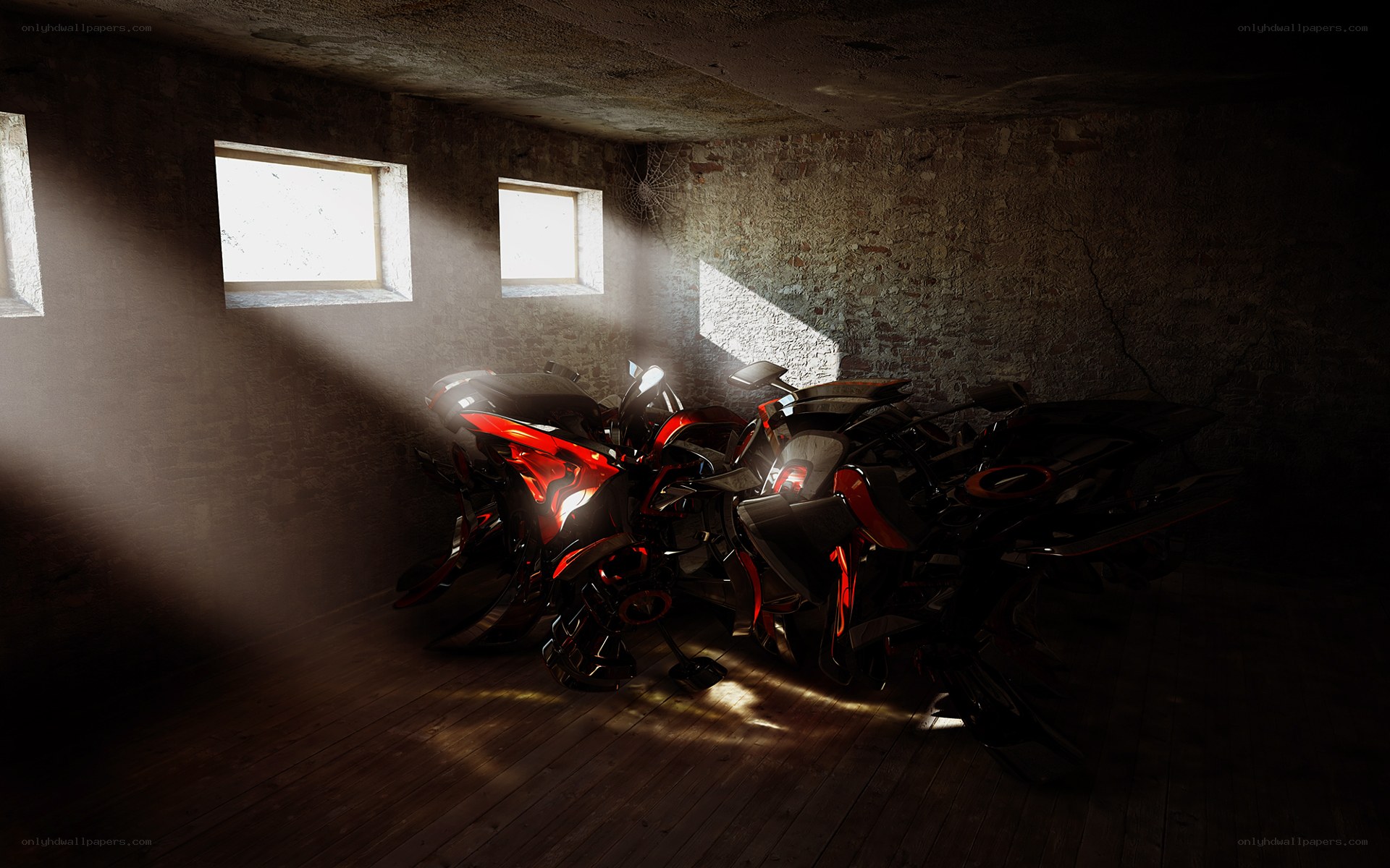 Futuristic motorcycles in a dark room