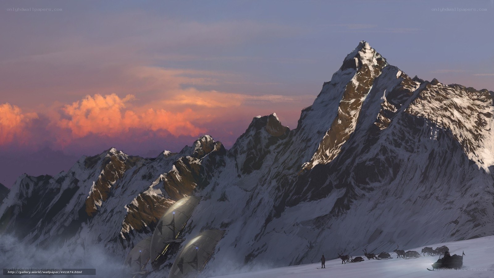 Futuristic mountain base at sunset