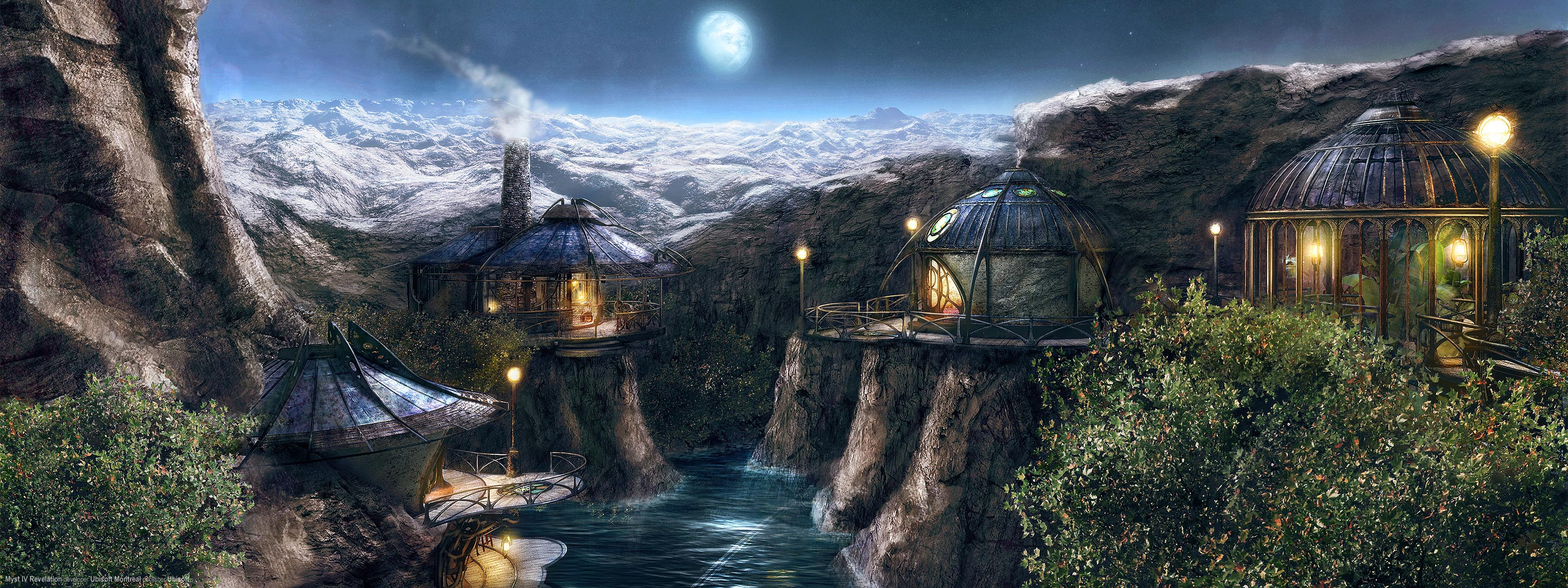 futuristic mountain village at night