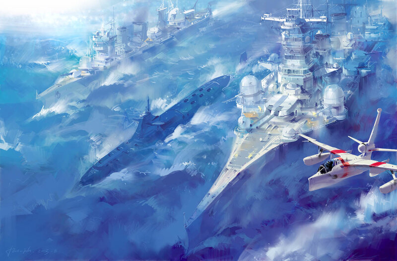 Futuristic naval fleet at sea