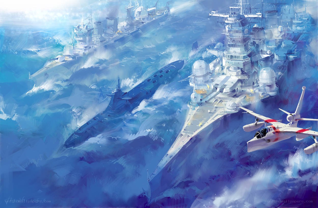 Futuristic naval fleet at sea