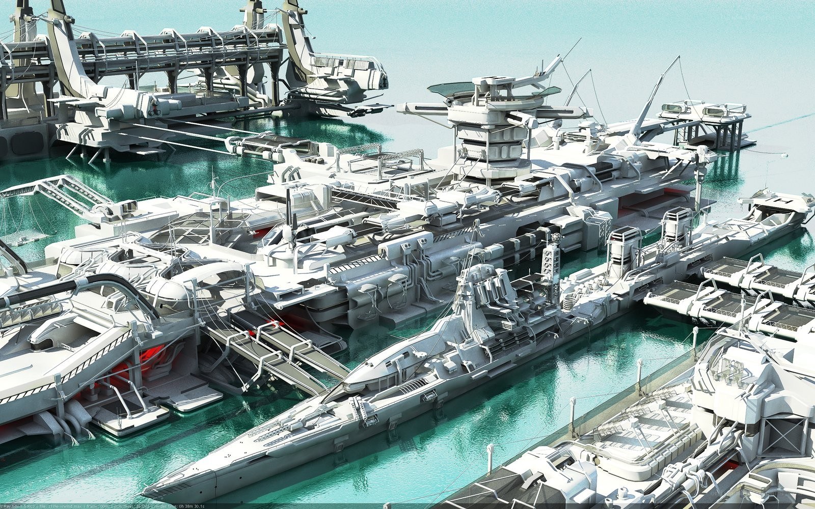 Futuristic naval fleet in port