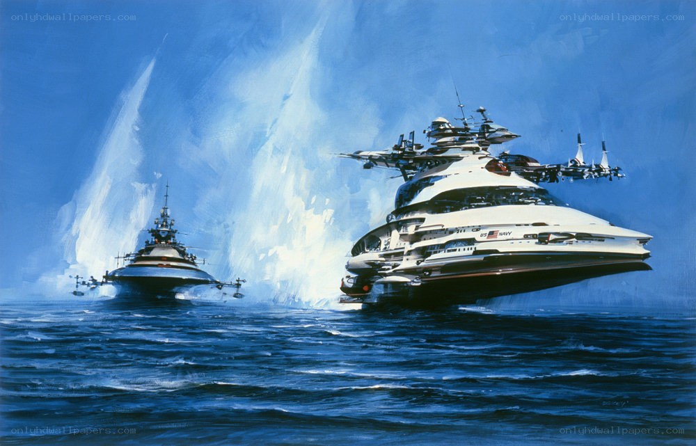 Futuristic naval vessels in action