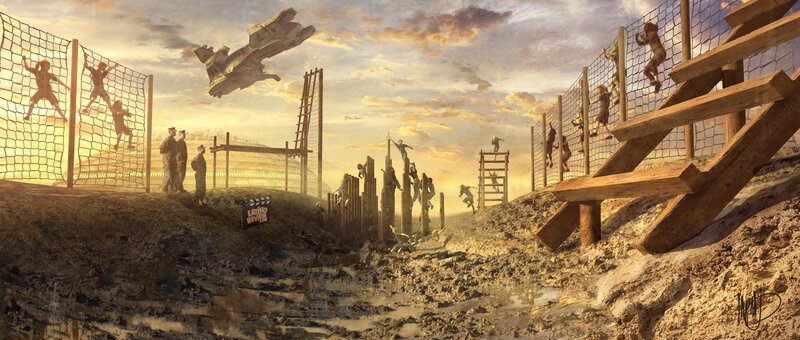 Futuristic obstacle course scene